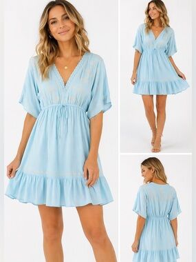 Light Blue Lace Trim Tie-Front Summer Dress Effortless Swing Dress – Size Small